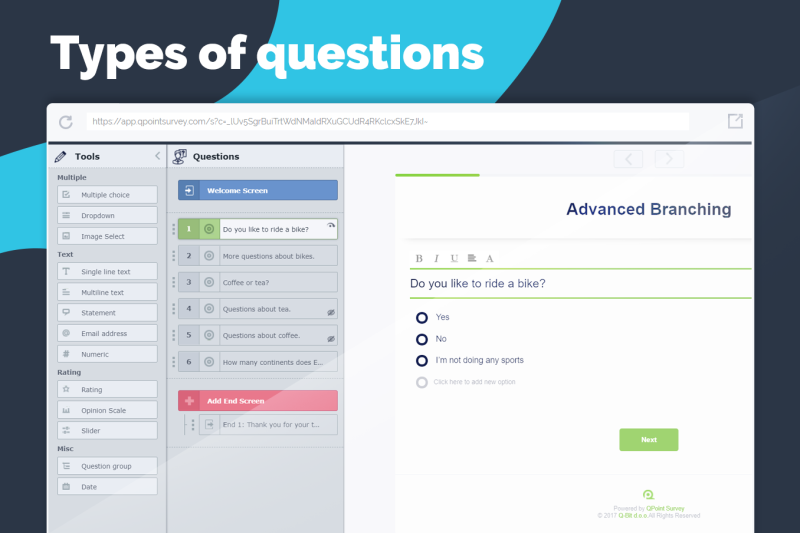 Create form, survey or quiz choosing right question types in QPoint