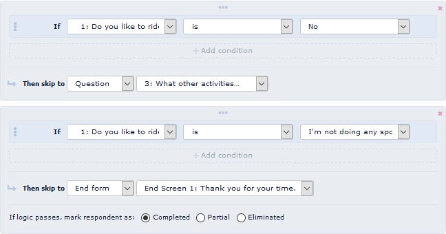 Window with set conditions for skip logic for our example